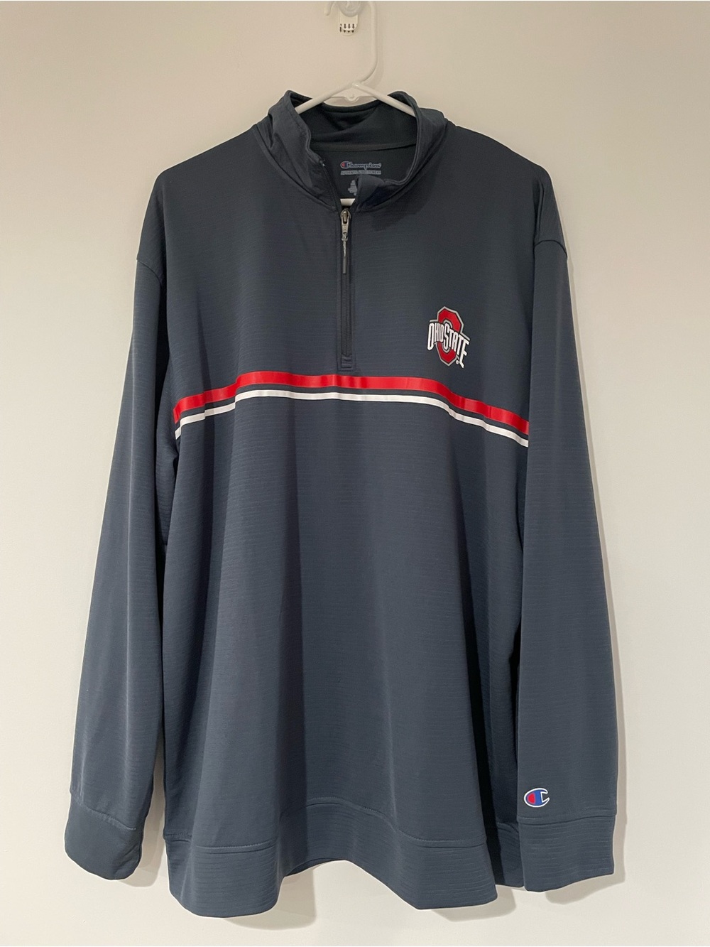 Champion Men's Gray 1/4 Zip Pullover with Red & White Chest Stripe - Picture 2 of 4